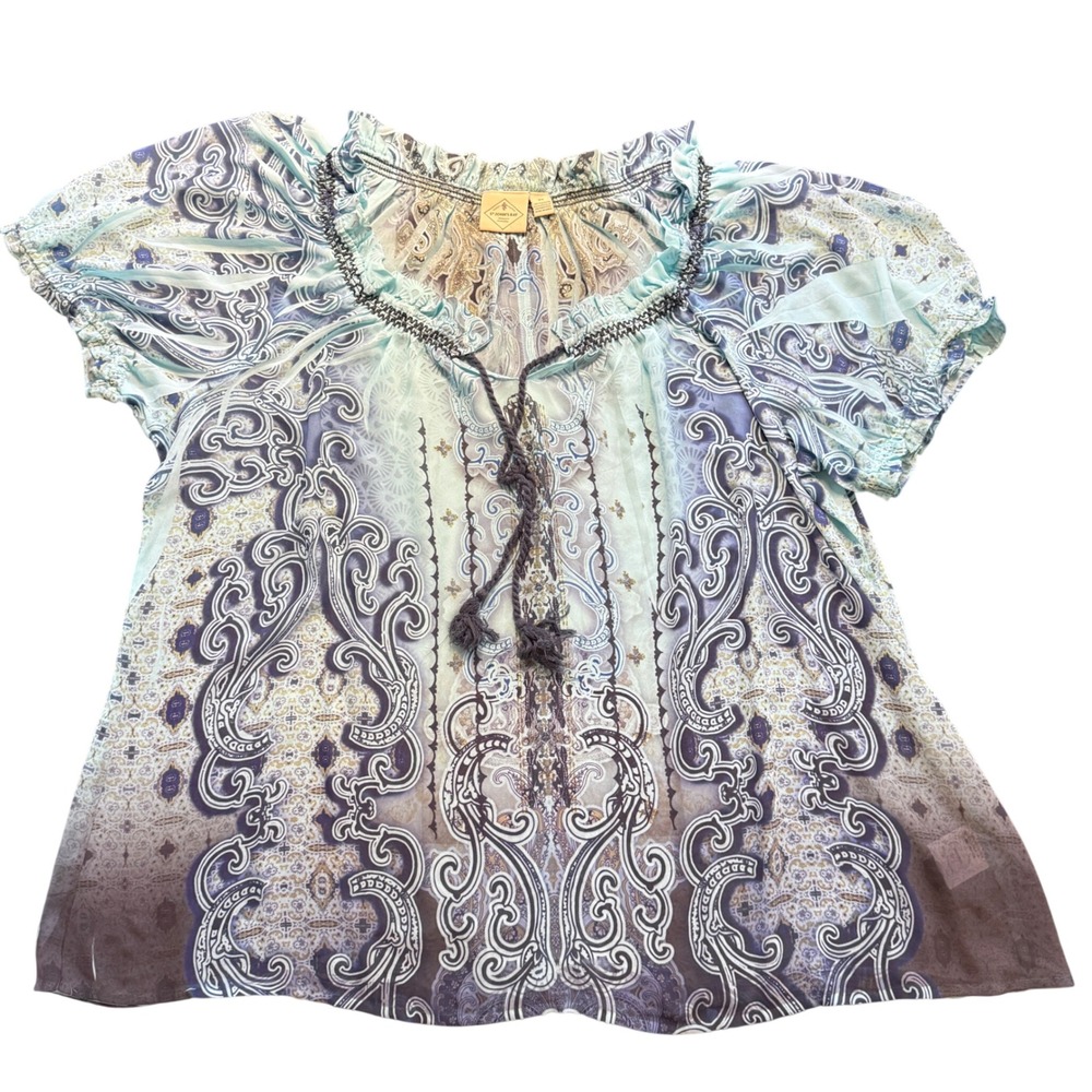 St Johns Bay Blue Paisley Boho Peasant Blouse Top 2X Short Sleeve 1QQQ LION-19